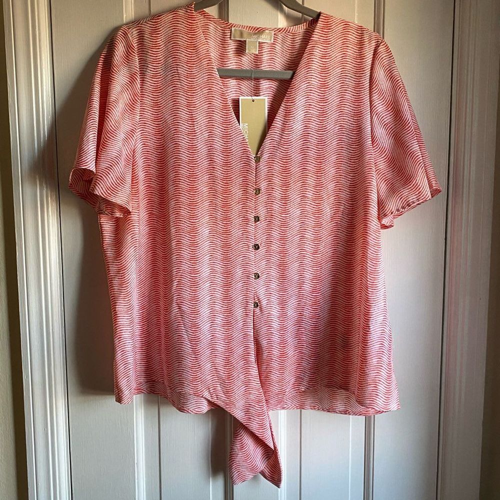 NWT Michael Kors Tie Front Button Down Coral Peach Top, Medium